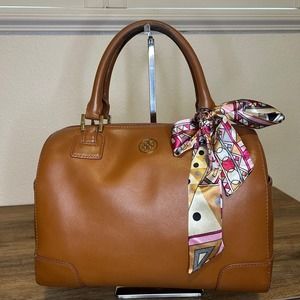 Tory Burch Tan Shoulder Bag with Colorful Scarf